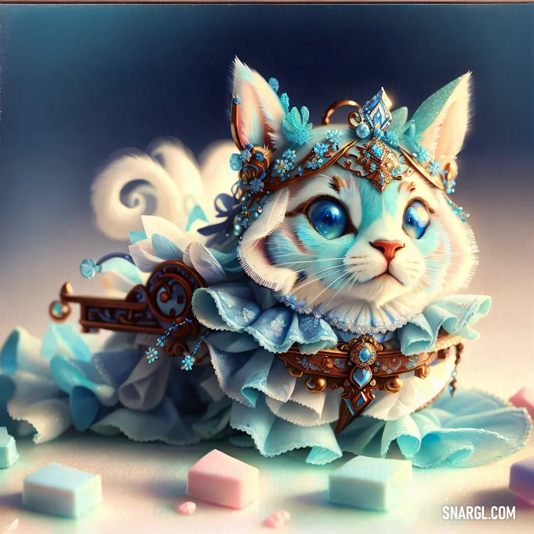 Cat with a tiara and a key on its chest is surrounded by candy cubes and candies