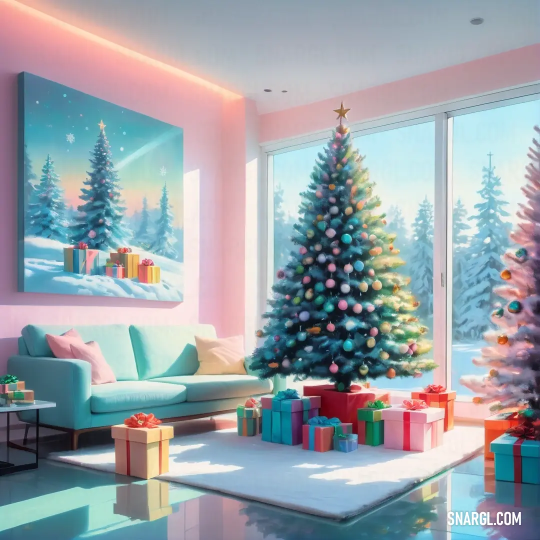 Non-photo blue color. Living room with a christmas tree and presents on the floor and a painting of a snowy landscape behind it