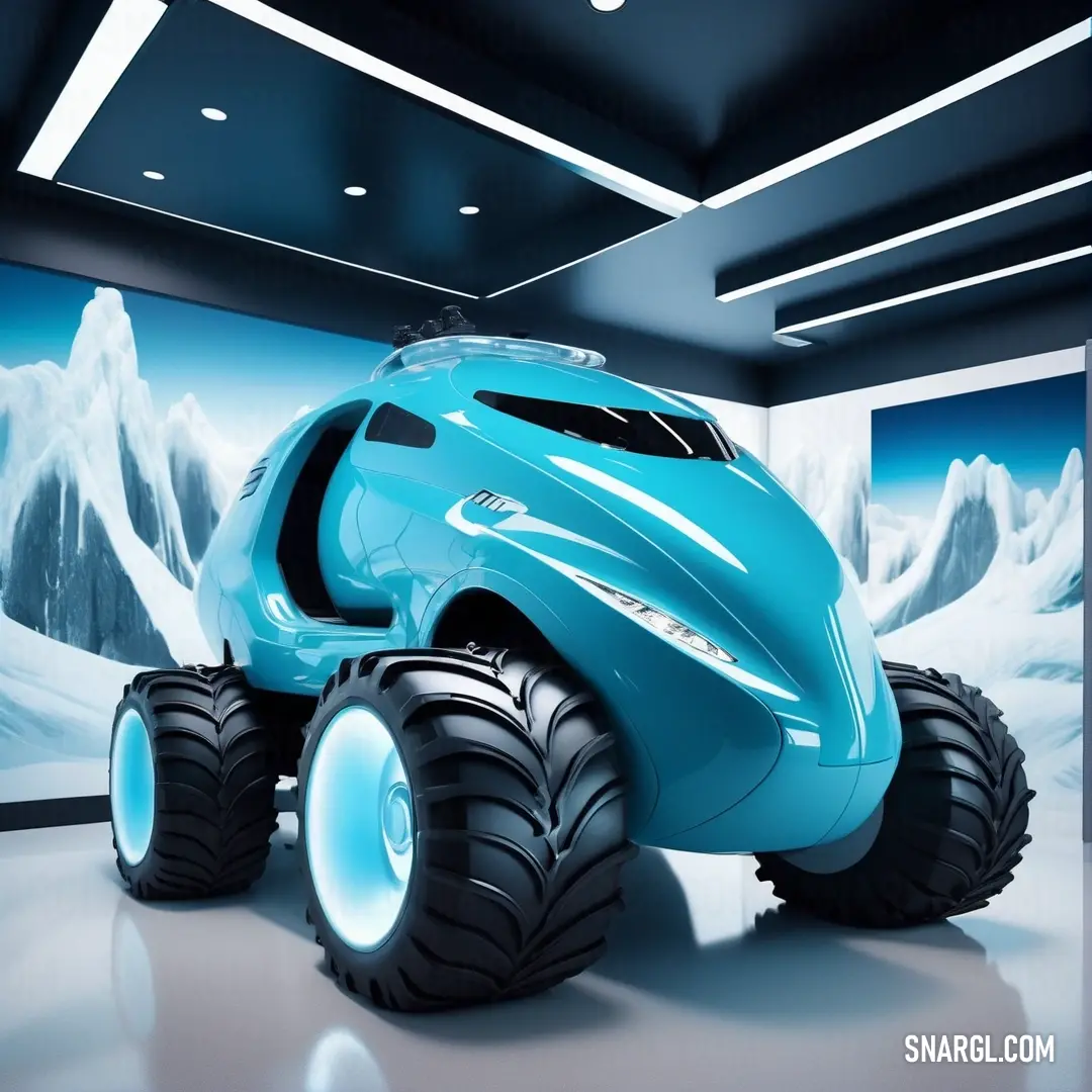 Blue monster truck is in a room with mountains and snow on the walls and ceiling lights on the ceiling. Example of Non-photo blue color.