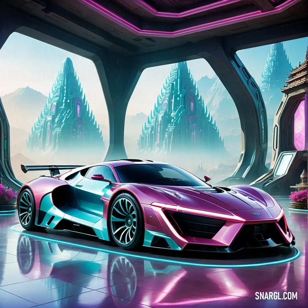 Futuristic car is shown in a futuristic setting. Color #A4DDED.