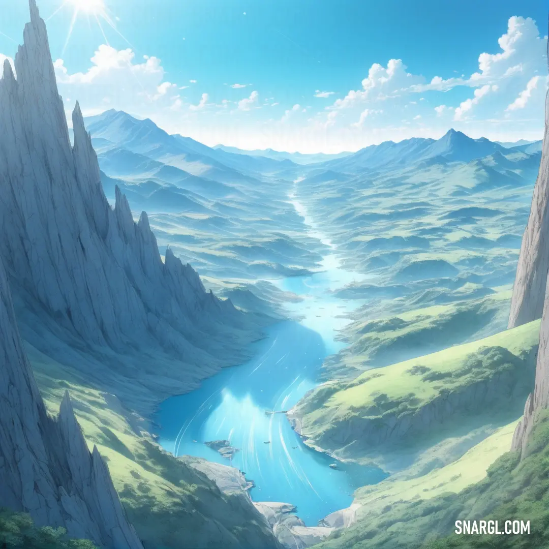 Painting of a mountain landscape with a river running through it and a sun. Color #A4DDED.