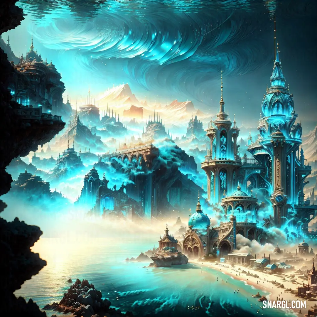 Painting of a fantasy city surrounded by clouds and mountains with a blue sky and a large body of water. Example of CMYK 31,7,0,7 color.