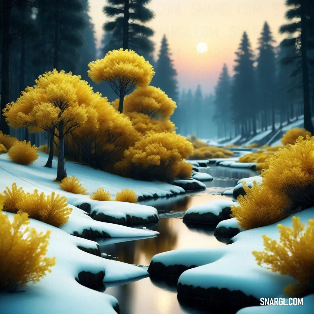 Stream running through a forest covered in snow covered ground next to trees and bushes covered in snow with the sun setting in the background