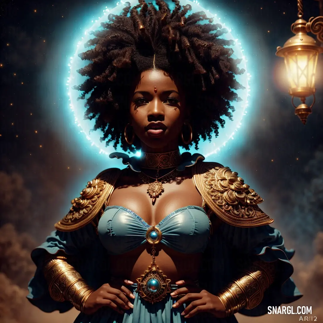 Woman with a large afro standing in front of a lantern and a lantern light in the background