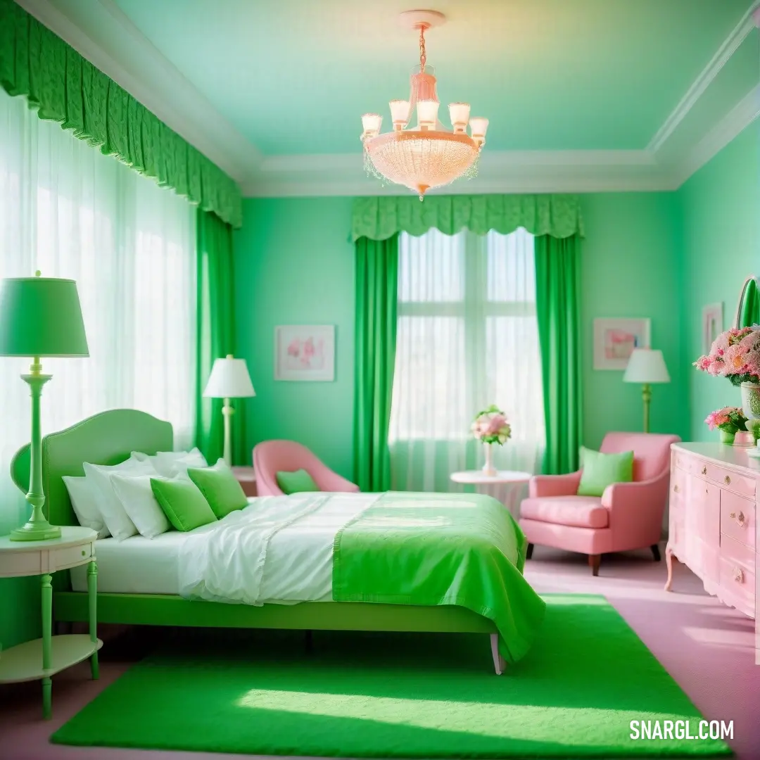 Bedroom with a green and pink theme and a chandelier hanging from the ceiling and a bed. Color #059033.
