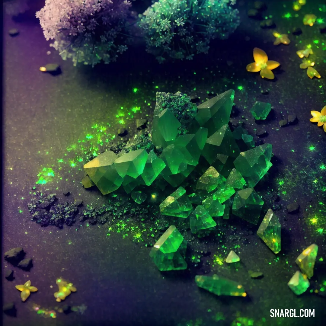 Bunch of green crystals on a table with butterflies around them and a butterfly on the ground next to them