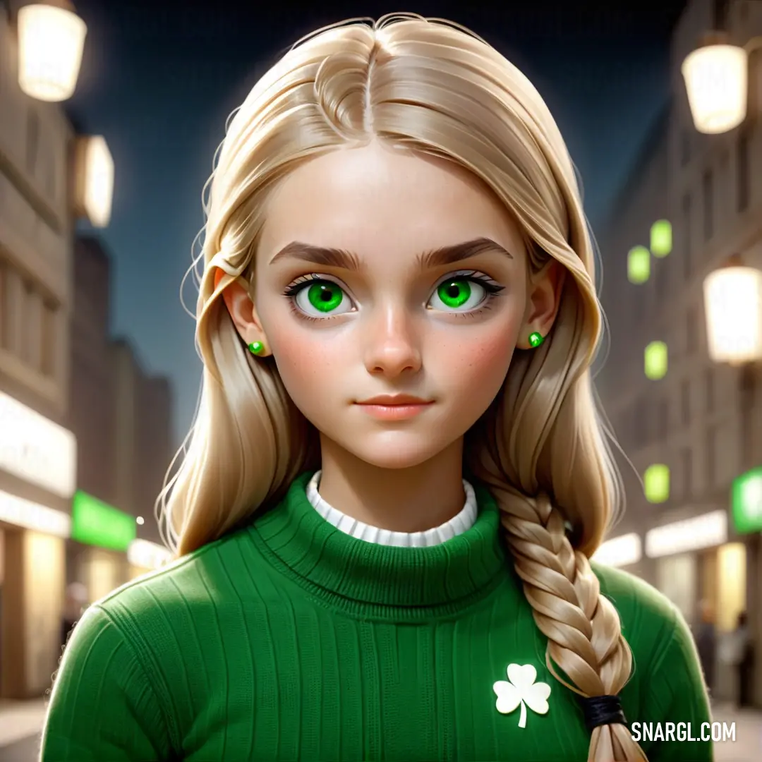 Girl with green eyes and a braid in a green sweater is standing in a city street at night. Color #059033.