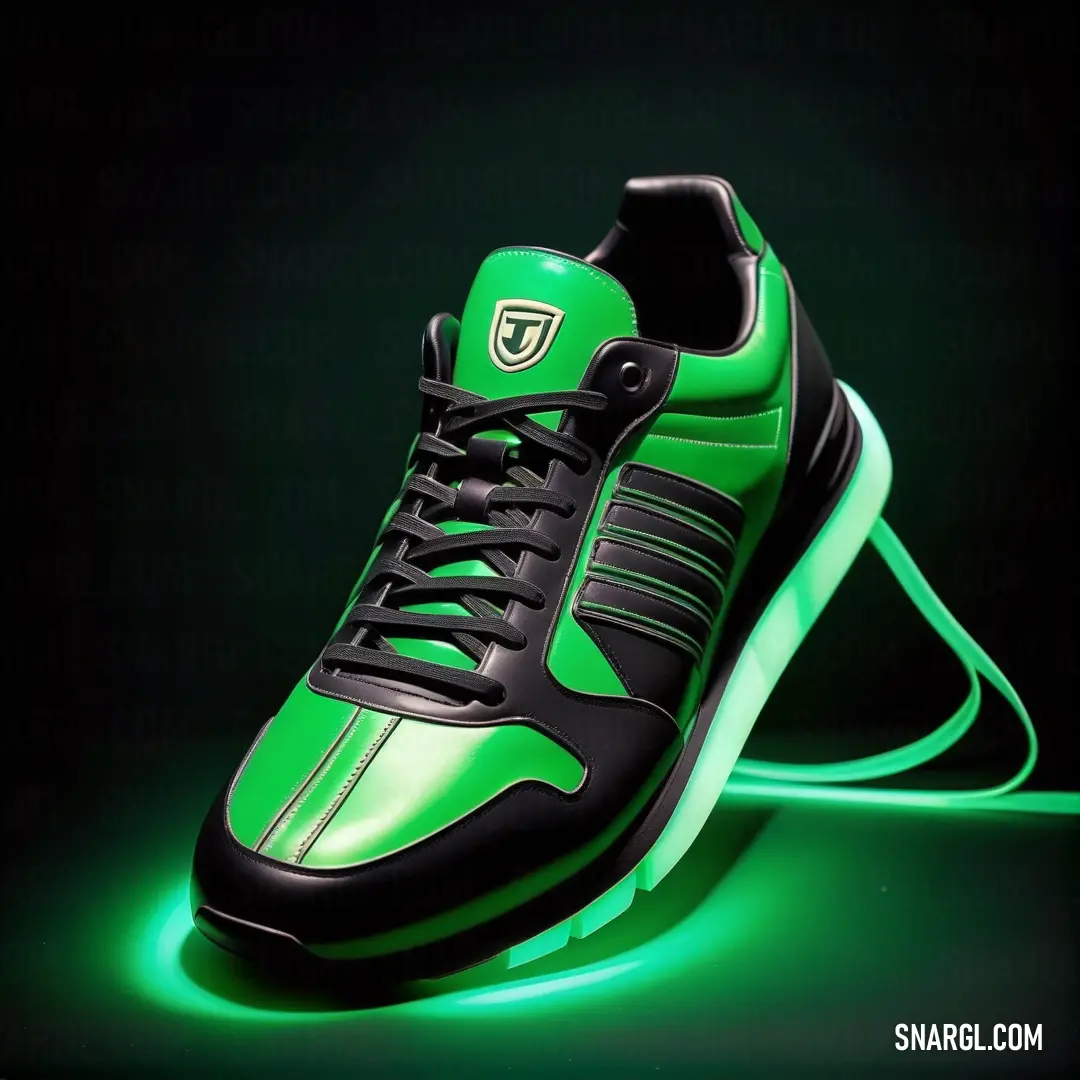 Green and black shoe with a neon glow on the soles of it. Example of North Texas Green color.
