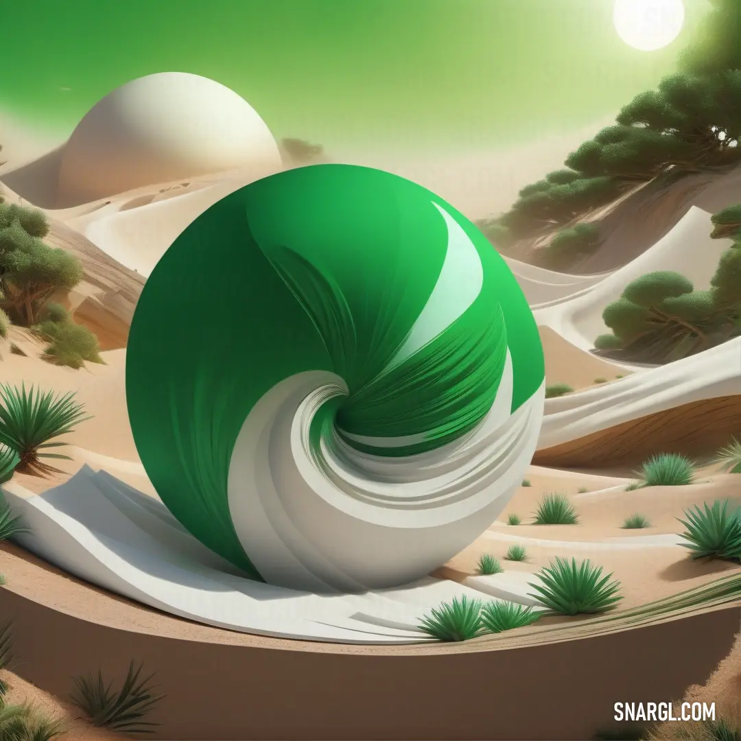 Green and white object in the desert with a green sky in the background. Color #059033.