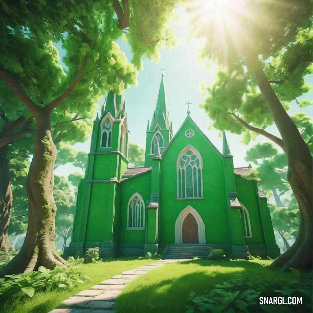 Green church with a pathway leading to it and trees surrounding it in the sunlight with a bright lens flare. Example of RGB 5,144,51 color.