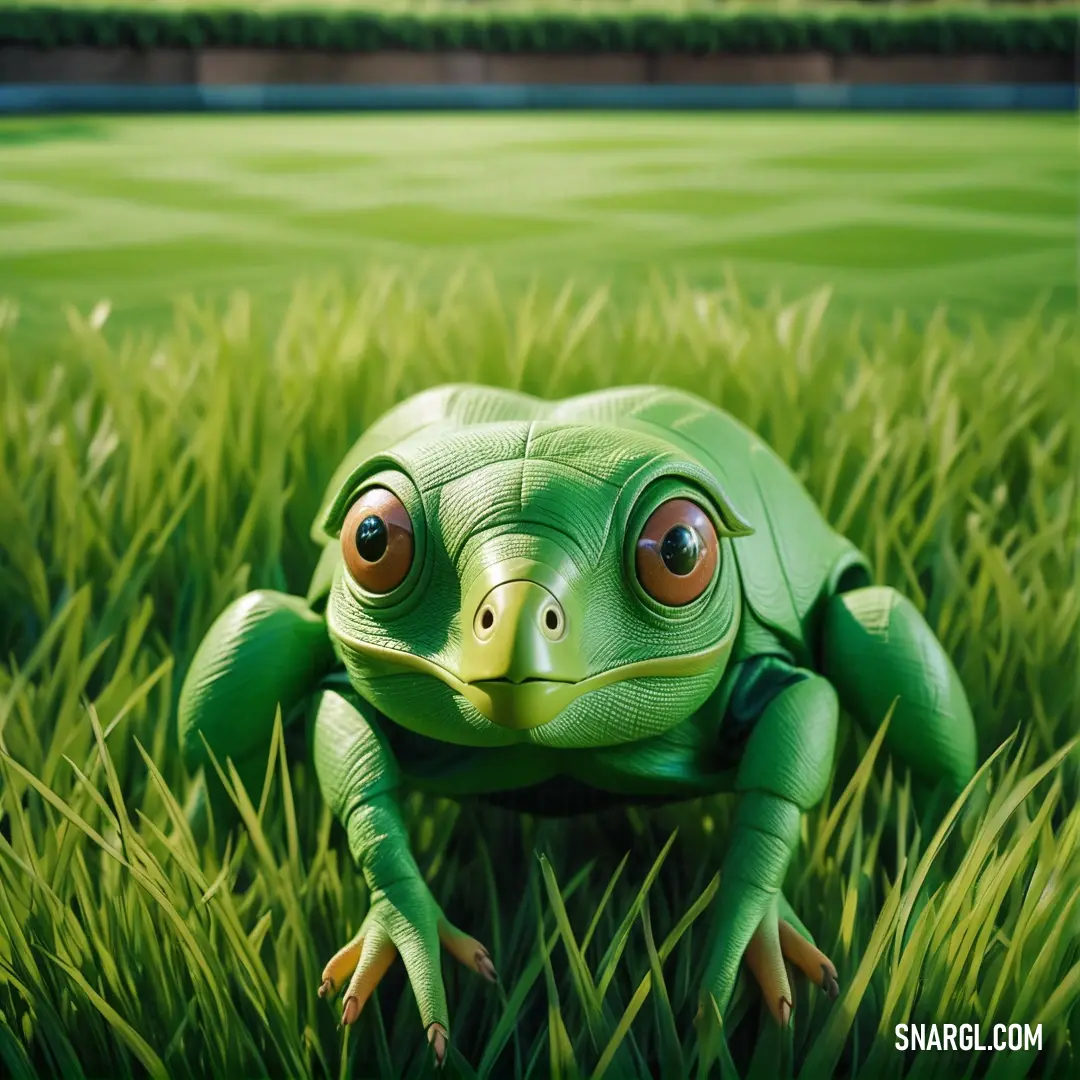 Green frog with big eyes in the grass with a green field in the background
