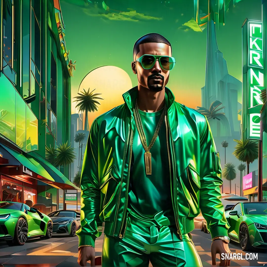 Man in a green outfit and sunglasses standing in front of a neon city street sign with a neon green car. Color RGB 5,144,51.