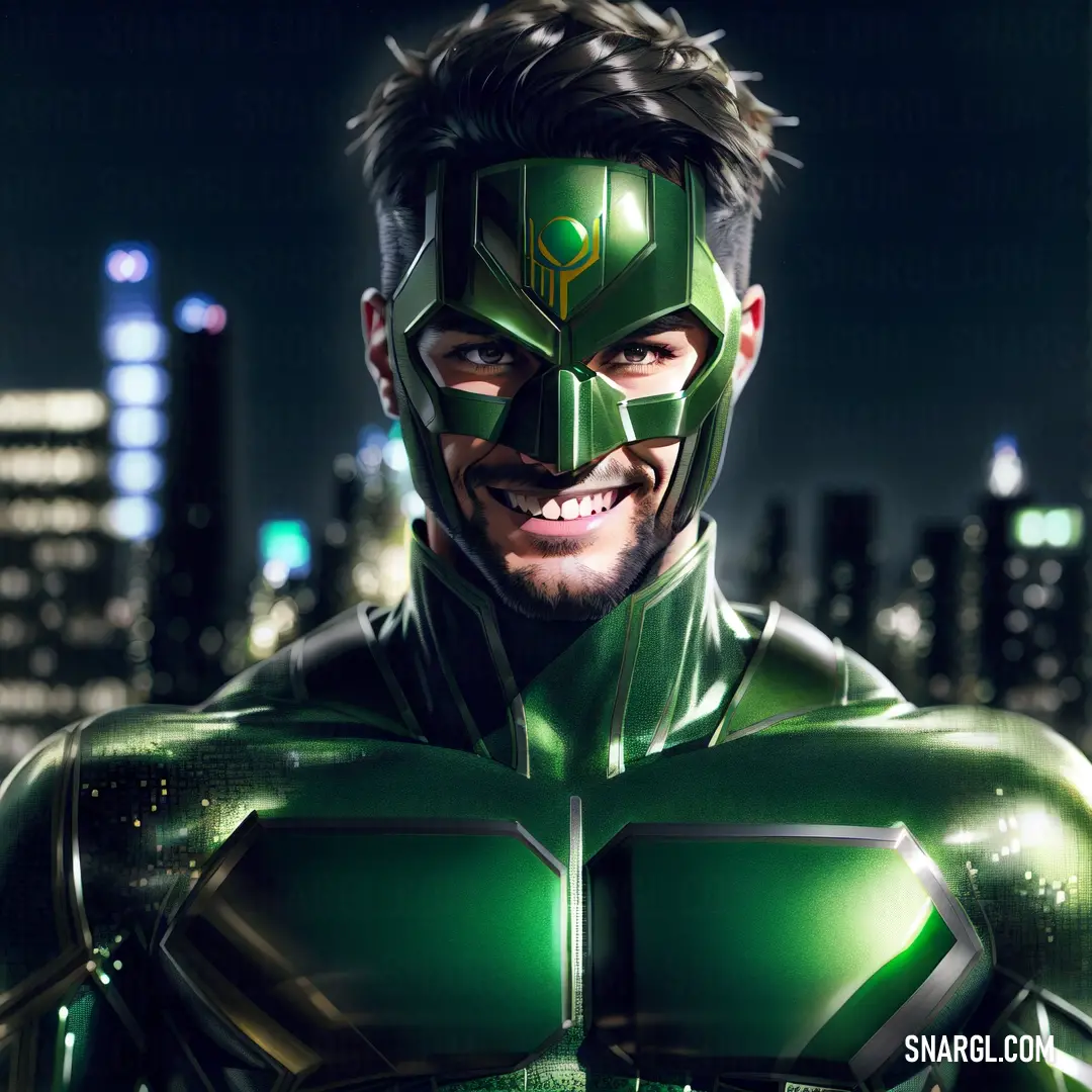 Man in a green suit and a city skyline in the background with a bright light shining on his face