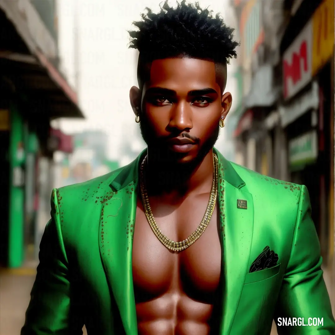 Man with a green suit and a necklace on his neck and chest