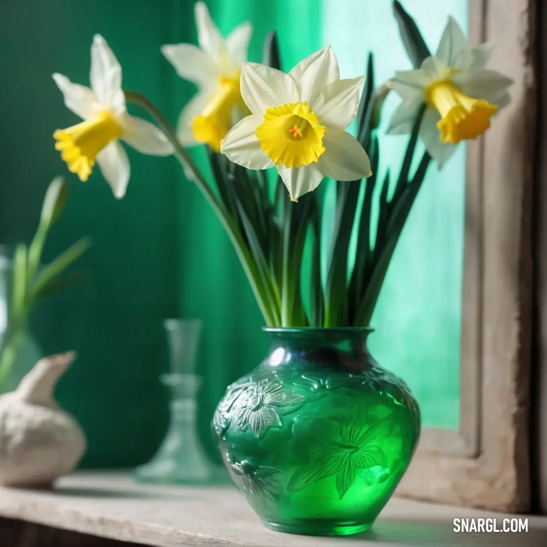 Green vase with yellow flowers in it on a shelf next to a window sill and a seagull. Color CMYK 97,0,65,44.