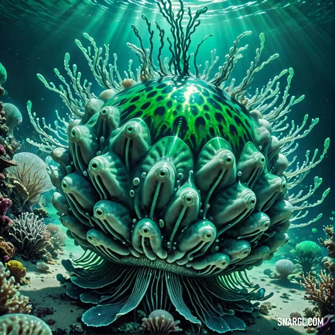 Painting of a sea urchin underwater with corals and other sea life around it. Example of RGB 5,144,51 color.