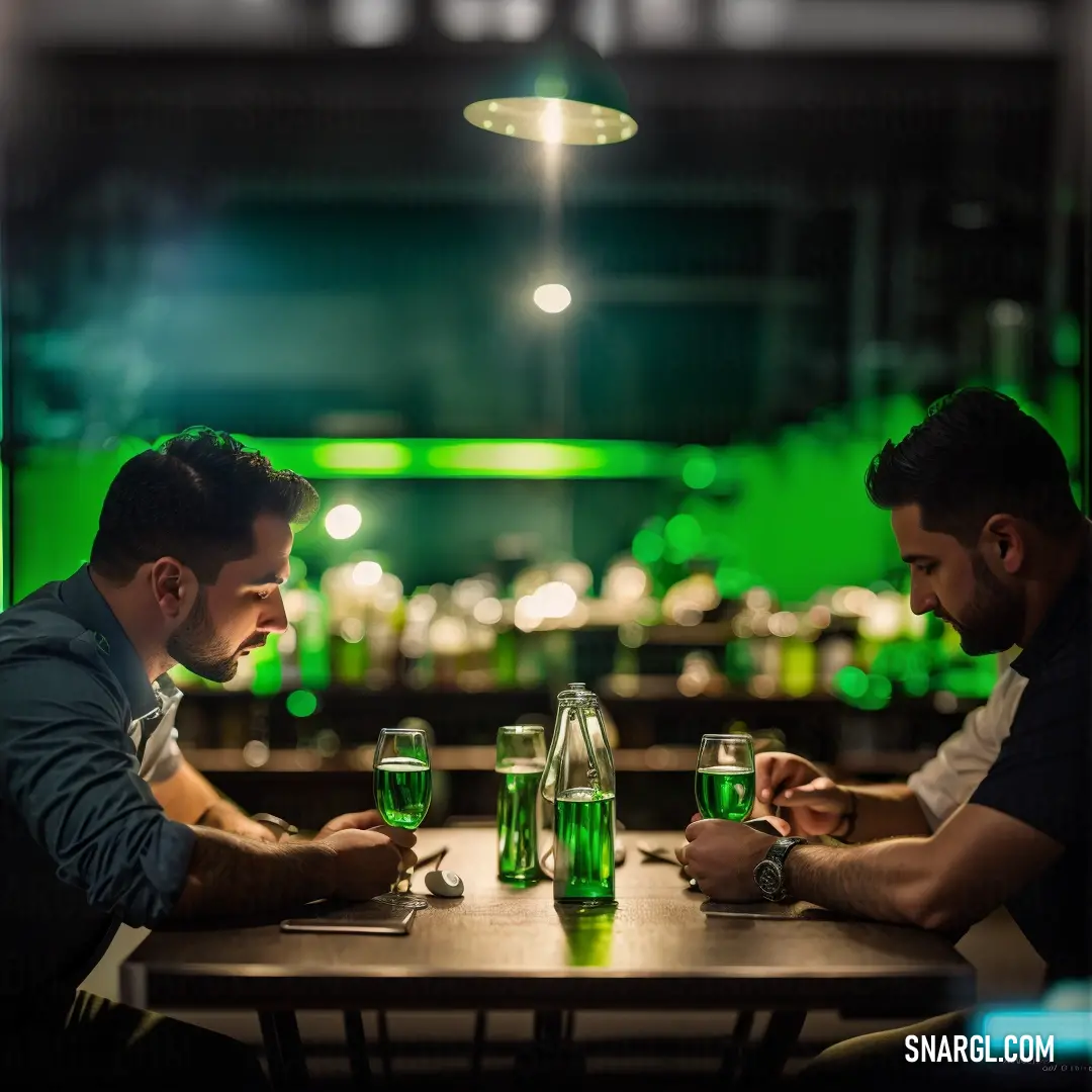 Two men at a table with green drinks in front of them