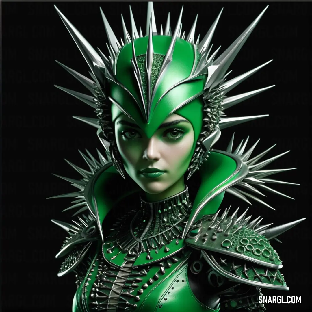 Woman in a green costume with spikes on her head and a black background