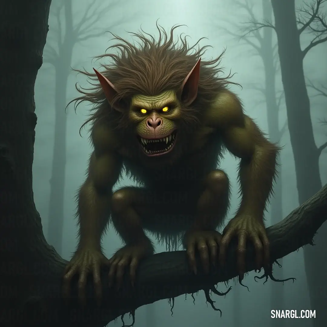 A hauntingly alluring scene featuring Norv, perched upon a tree branch with piercing yellow eyes and an enigmatic expression, seamlessly blending into the eerie atmosphere of the woods.