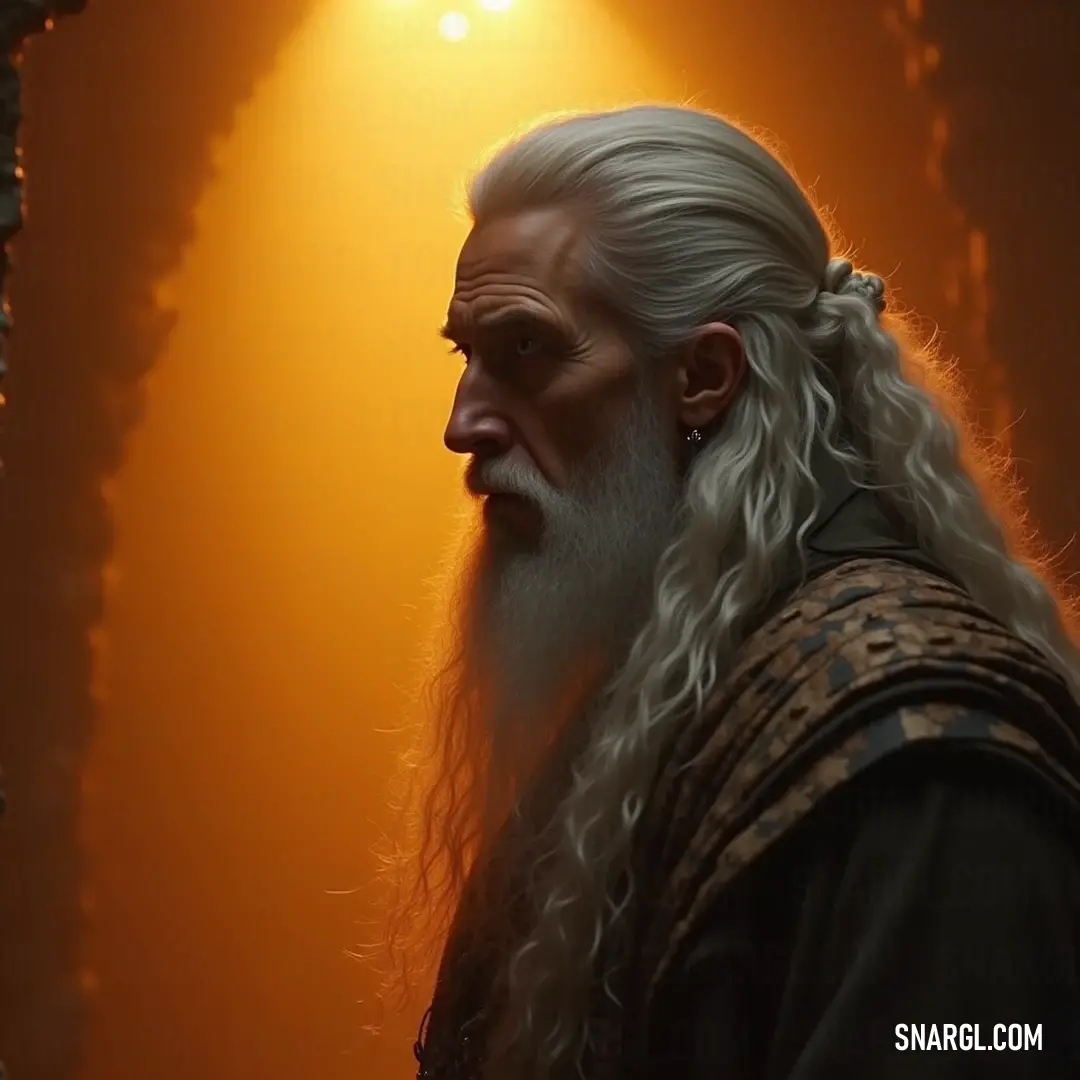 An enigmatic individual with flowing white hair and a long beard sits within a shadowy chamber, illuminated by a single beam of light that outlines his features. The surroundings hint at a world rich with history and wisdom, inviting the viewer to ponder 
