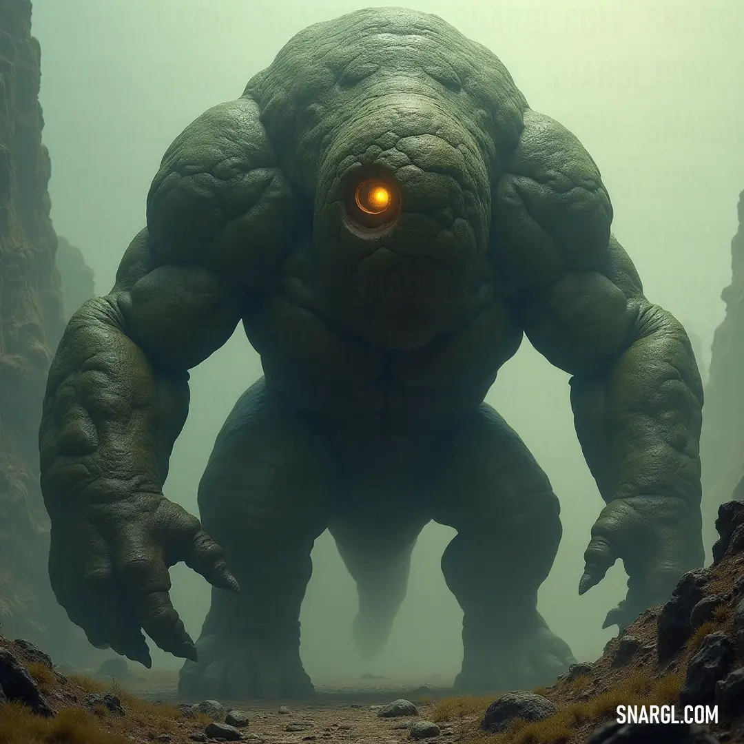 Encounter the enigmatic giant Nox, glowing eyes gleaming amidst a mystical fog, as nature curves around its towering presence in the heart of the forest. A colossal Nox stands shrouded in mystery, its glowing eyes peering through a fog-laden forest, where rocks and grass reclaim the ancient paths once traversed by adventurers.