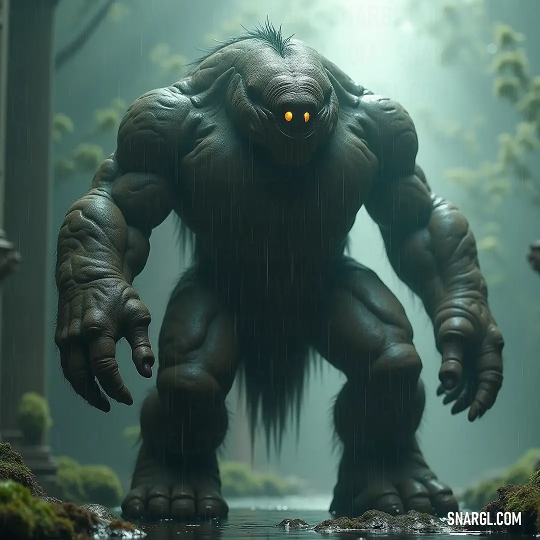 The giant Nox, radiant with glowing eyes, stands regal amidst a rain-soaked forest, a guardian of nature's beauty wrapped in lush greenery. Against a backdrop of moss-covered trees and glistening rocks, a giant Nox with radiant glowing eyes stands majestically in the rain, embodying a timeless connection with nature's elements.
