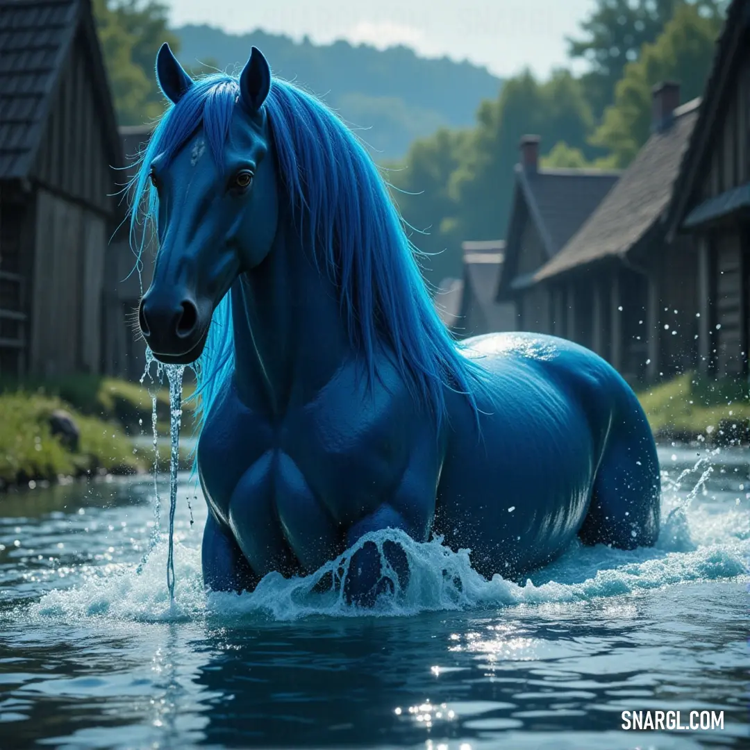 Blue horse standing in the water beside a peaceful lake, with a stream flowing through nearby houses. A striking blue horse stands in the water near a tranquil lake, with small houses dotting the landscape and a stream running through the serene setting.