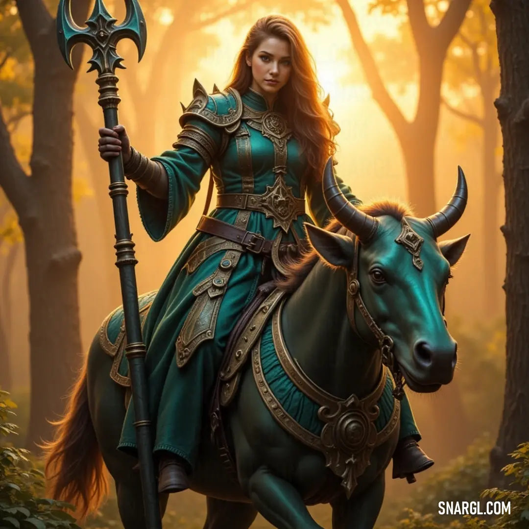 A majestic scene of a figure in green riding a grand horse, wielding a fiery staff while exploring a magical realm. A striking character adorned in a flowing green dress, commands a majestic horse with a tall staff, their back showcasing an ornate staff of fire, all while traversing through a vibrant and mystical landscape.