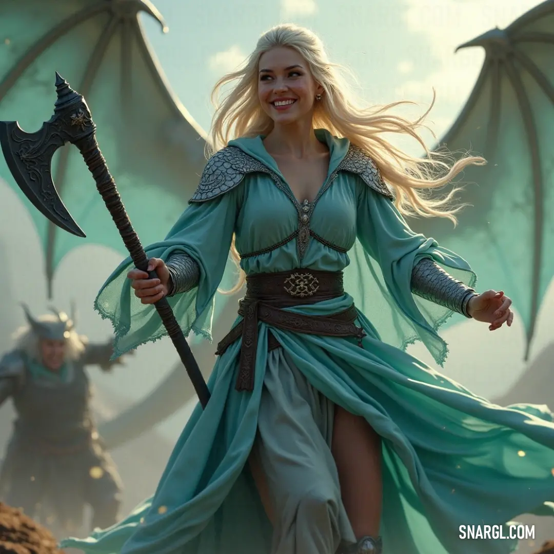 Nuriel, equipped with a magnificent axe and sword, stands boldly in a cavern with an enigmatic figure behind her. Nuriel, in a vibrant green dress, holds a large axe and sword with confidence, while a mysterious figure lurks in the background of the cave, hinting at a story fraught with peril and courage.