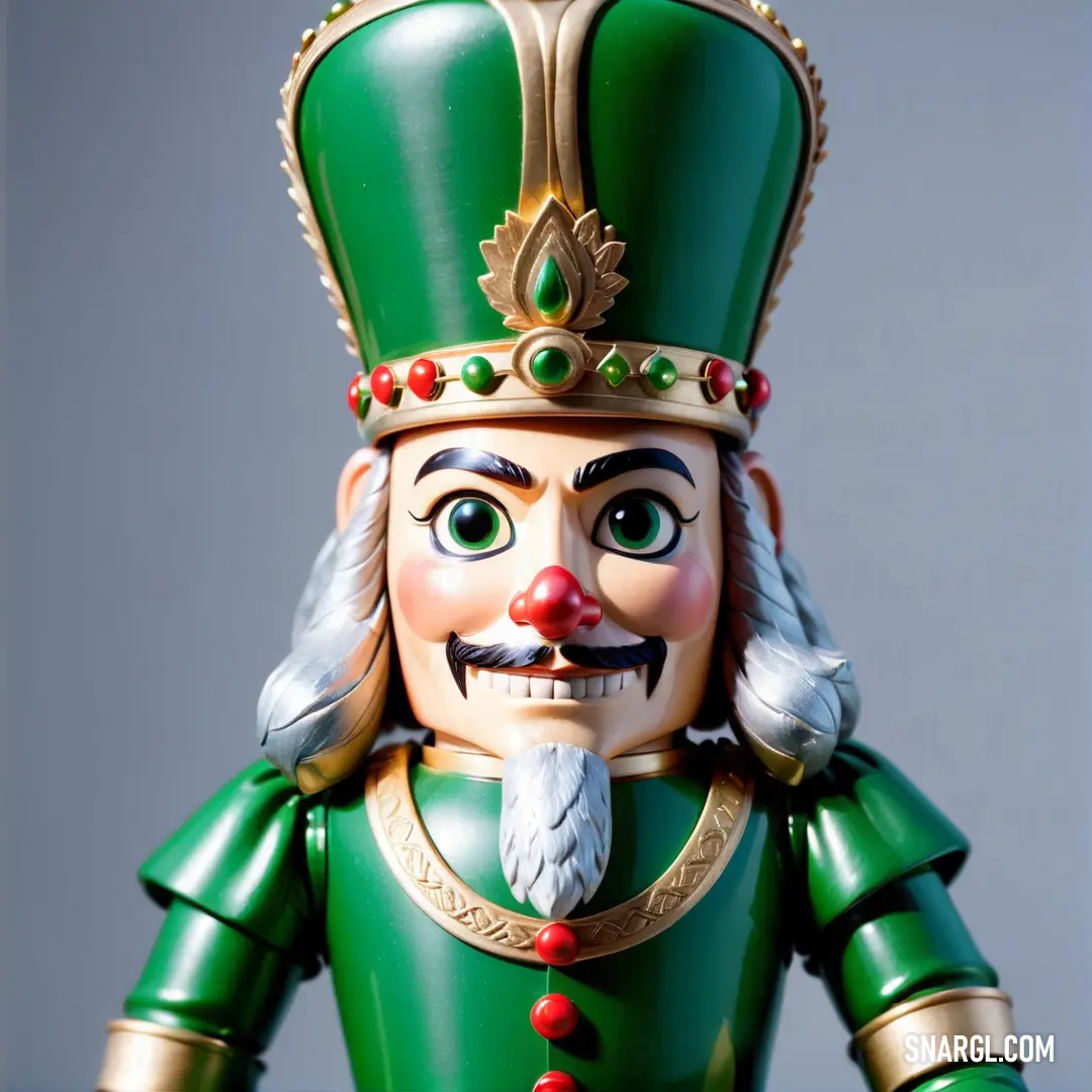 A beautifully detailed green and gold Nutcracker with a red nose and a green hat stands proud. The rich colors of its uniform contrast with the vivid greens and golds, giving the figure a majestic and festive appearance.