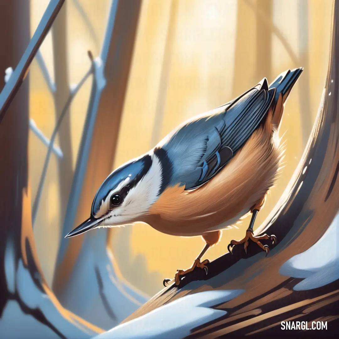 A solitary Nuthatch perched on a branch in the serene woods, blending with nature’s beauty. A lone Nuthatch sits perched on a slender tree branch, surrounded by the peaceful quiet of the woods. The bird gazes curiously, its blue-gray plumage contrasting with the rustic surroundings of tall trees and forest undergrowth.