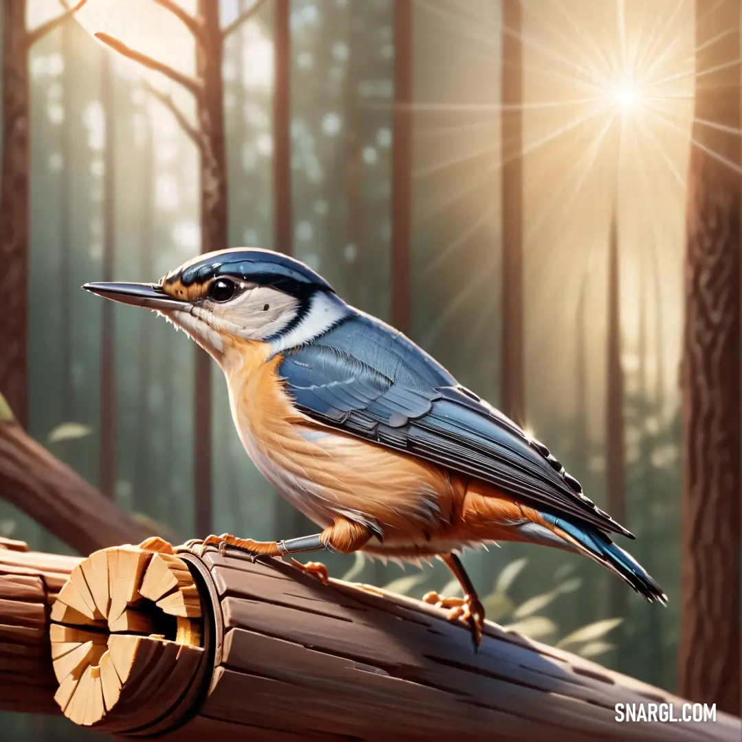 A Nuthatch sits atop a log in the heart of a sunlit forest, rays of light filtering through the trees and creating a stunning sunburst above. The scene captures the beauty of sunlight streaming through the canopy.