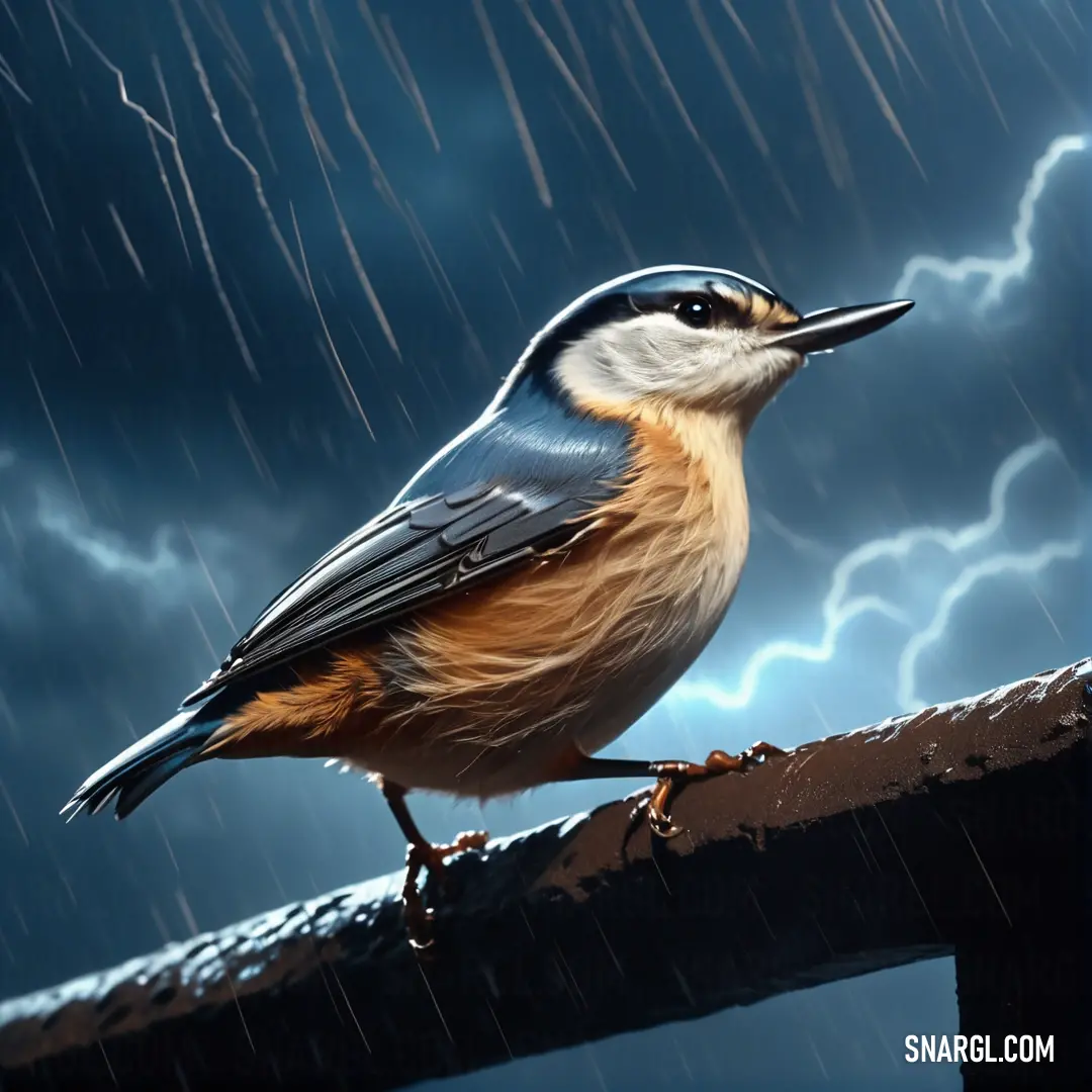 A Nuthatch perched on a fence amidst a storm, with lightning flashing in the background. A Nuthatch sits on a fence during a storm, with lightning flashing in the distance. The rain adds to the intensity of the scene, capturing the bird’s resilience in the face of nature's fury.