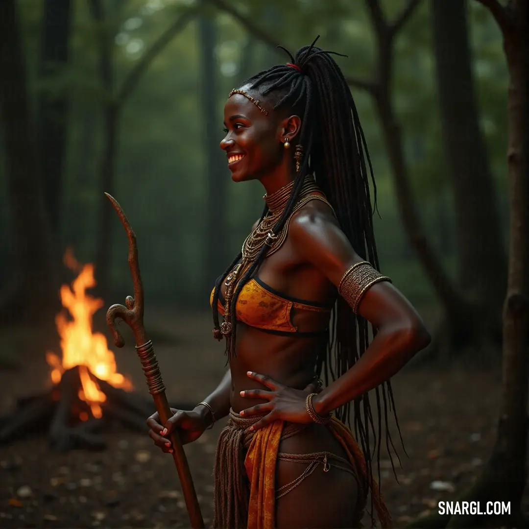 Nwanyeruwa, in a bikini, stands by a fire pit in the woods, holding a stick. The surrounding forest and the warm flames create a sense of adventure and connection to nature. Nwanyeruwa stands confidently in front of a fire pit in the woods, holding a stick. Her bikini contrasts with the rugged outdoor setting, while the crackling flames of the fire cast a warm glow around her, highlighting the natural surroundings.