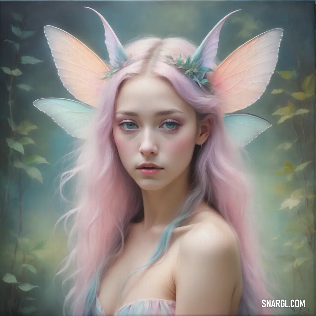 Painting of a girl with pink hair and a butterfly wings on her head