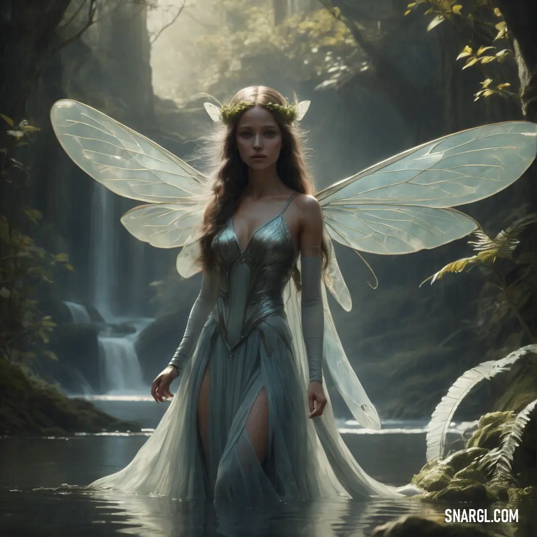 Nymph dressed in a fairy costume standing in a river with waterfall in the background