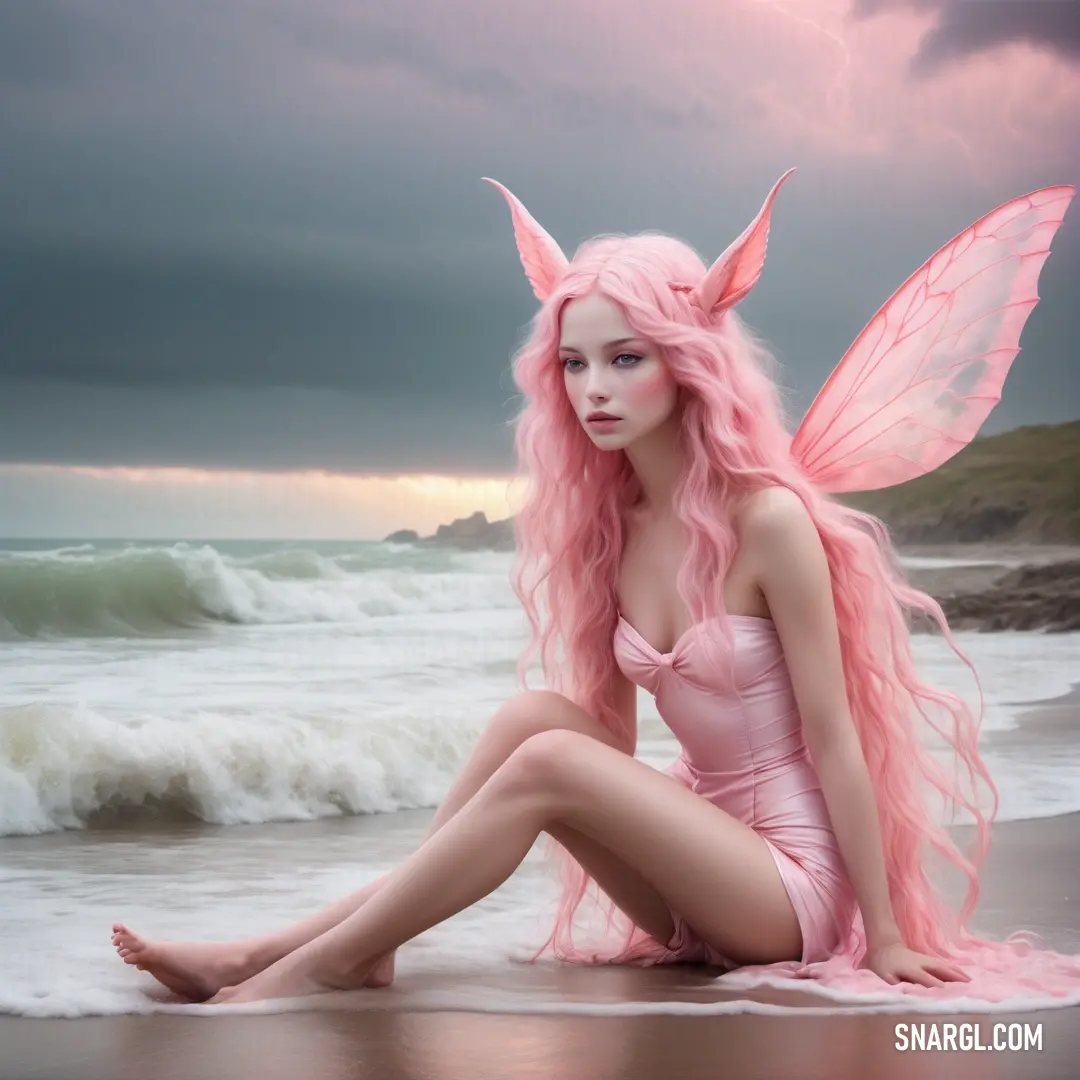 Nymph with pink hair and a pink dress on the beach with a pink fairy costume on