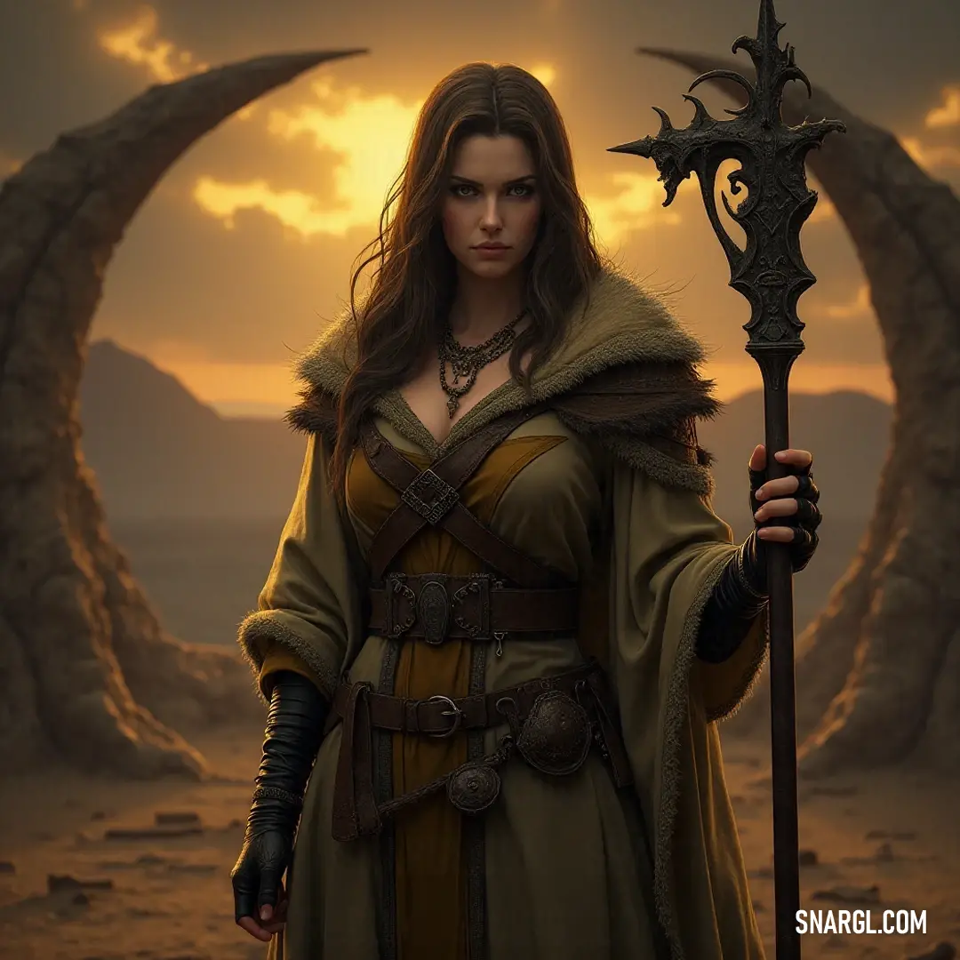 A striking figure, holding a staff with grace, stands in the vast expanse of a desert, captured beautifully as the sun sets in a blaze of brilliant colors behind her. A determined figure in a flowing dress holds a staff, standing tall against the backdrop of a desert sunset, with hues of orange and gold illuminating her strong silhouette.