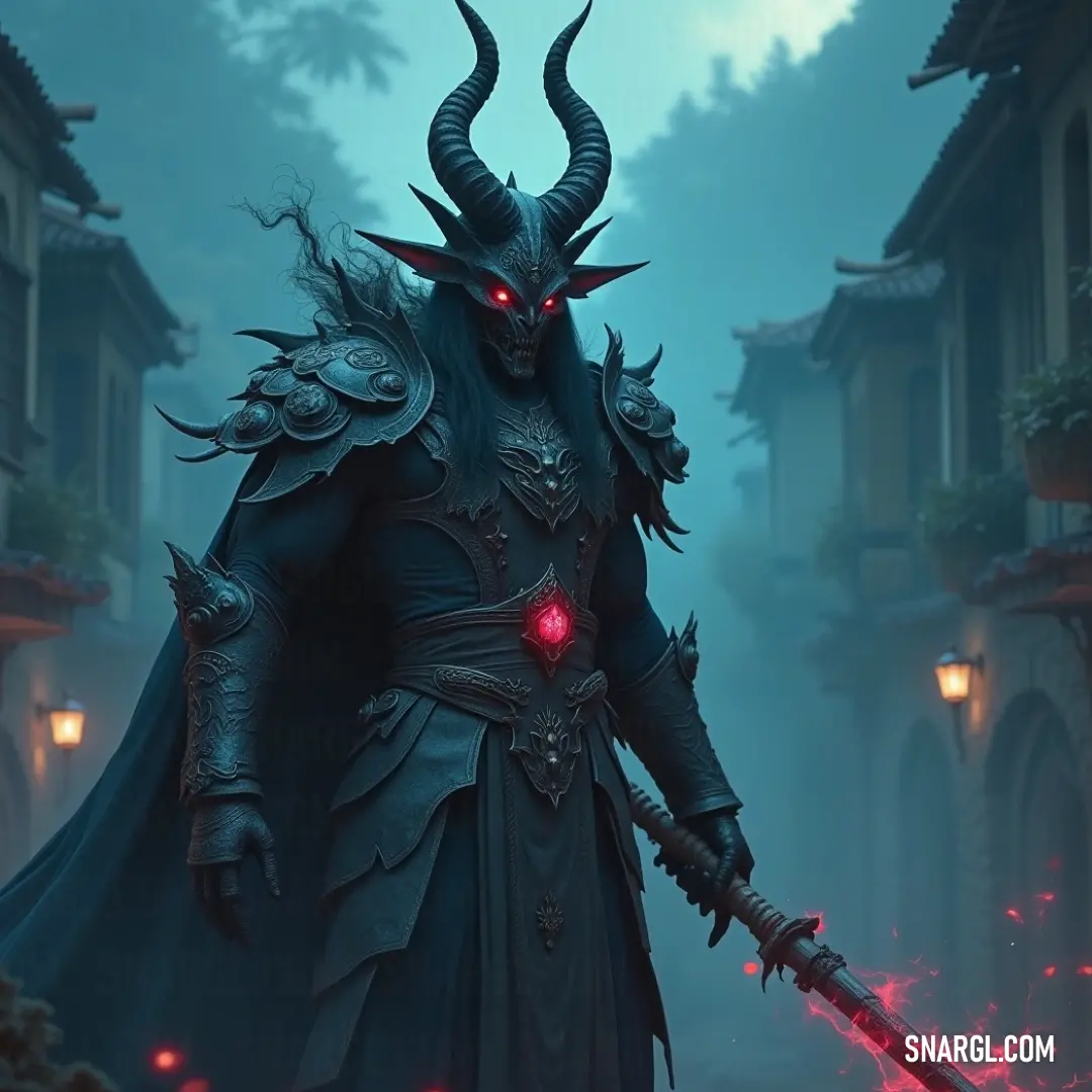 An imposing demon emerges, crowned with horns and illuminated by a sinister red light in his eyes, casting an aura of dread and power, a true embodiment of nightmarish legends. A formidable creature of darkness, Nyogtha looms with a fearsome long-horned head and piercing red eyes that gleam with otherworldly energy, shrouded in a haunting atmosphere that sends shivers through the air.