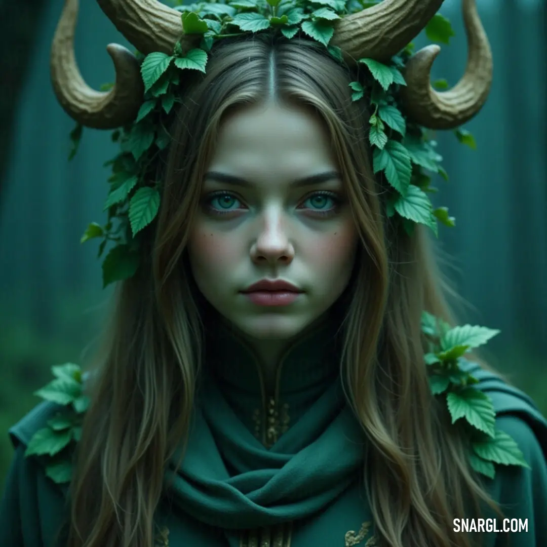 A mystical figure named Nysithia, adorned with majestic horns, wears an enchanting green dress. Surrounded by a serene forest, vibrant leaves crown her head, complemented by a delicate scarf draping around her neck, evoking an air of magic and wonder.