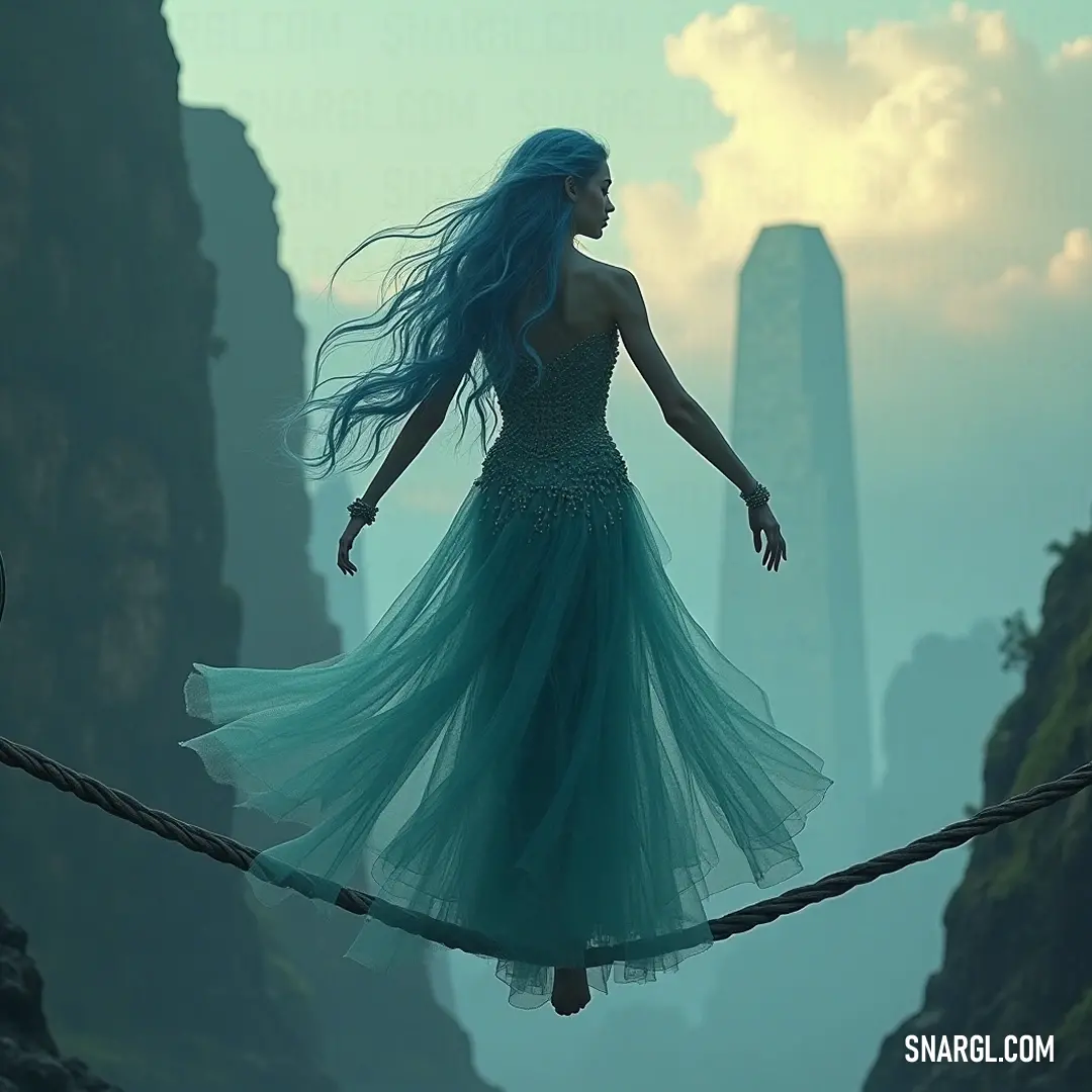 Nyx, adorned in a flowing blue dress, gracefully traverses an enchanting rope bridge, with a stunning waterfall cascading nearby, surrounded by lush greenery that whispers adventure.