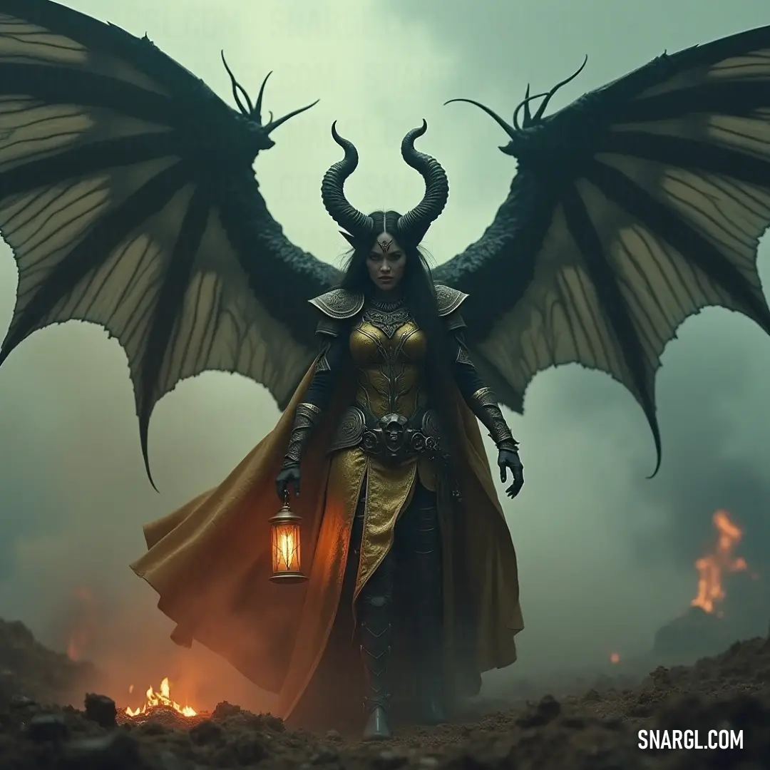 Nyx, in a dragon-inspired costume, stands in a fiery field, her glowing lantern providing a mystical light against the chaos of the flames around her. Nyx, draped in a dragon-like costume, holds a lantern that glows softly in the midst of a blazing field of fire. The light from the lantern casts an eerie glow against the surrounding flames, creating a mystical and dramatic scene.