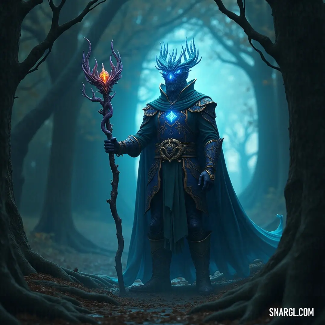The noble Oak King, enveloped in a captivating azure cloak, holds a glowing staff aloft, commanding attention in a serene forest adorned with vibrant leaves and a canopy of towering trees. The regal Oak King, donned in elaborate blue attire, proudly holds a luminous staff, standing amidst a picturesque forest strewn with autumn leaves and towering trees, embodying the strength and wisdom of the woodland realm.