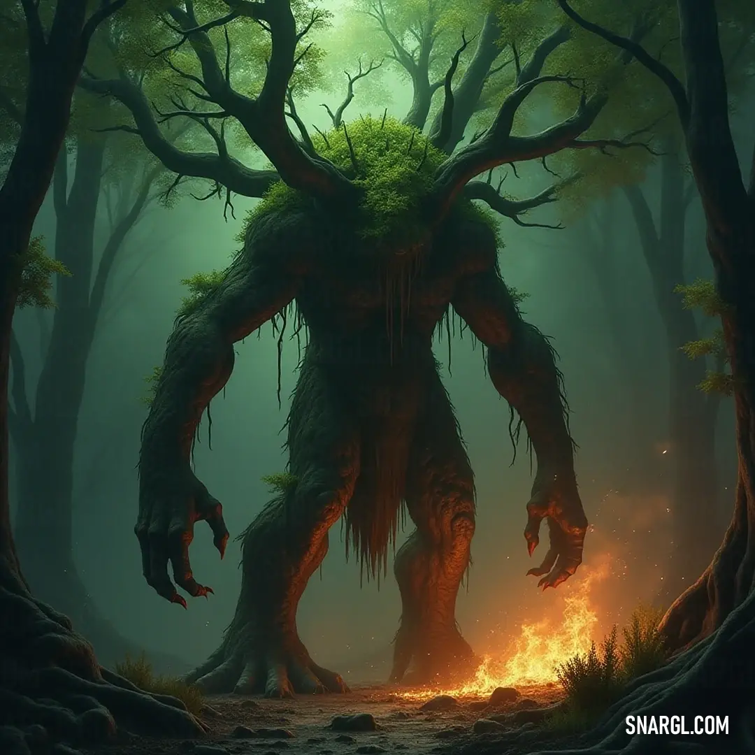 The fearsome Giant Oakenshade Guardian, engulfed in flames, towers amidst the majestic forest, a striking symbol of power and elemental wonder ringing true in nature's heart. A colossal Oakenshade Guardian, ablaze with a fiery glow, stands imposingly in a dense forest, surrounded by ancient trees and rugged rocks, radiating strength and mystery.