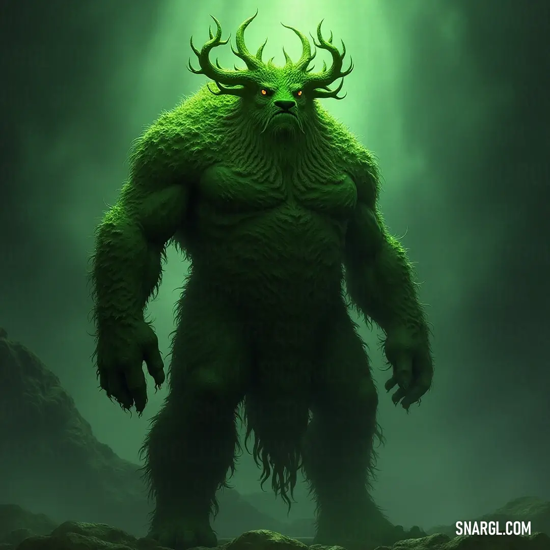 The enigmatic Green Oakenshade, adorned with twisted horns and a glowing eye, shrouded in fog and rocky terrain within a dark forest. In a shadowy forest, the enigmatic Green Oakenshade, with its twisted horns and glowing eye, lurks amidst swirling fog and rugged rocks, shrouded in mystery and an eerie allure.