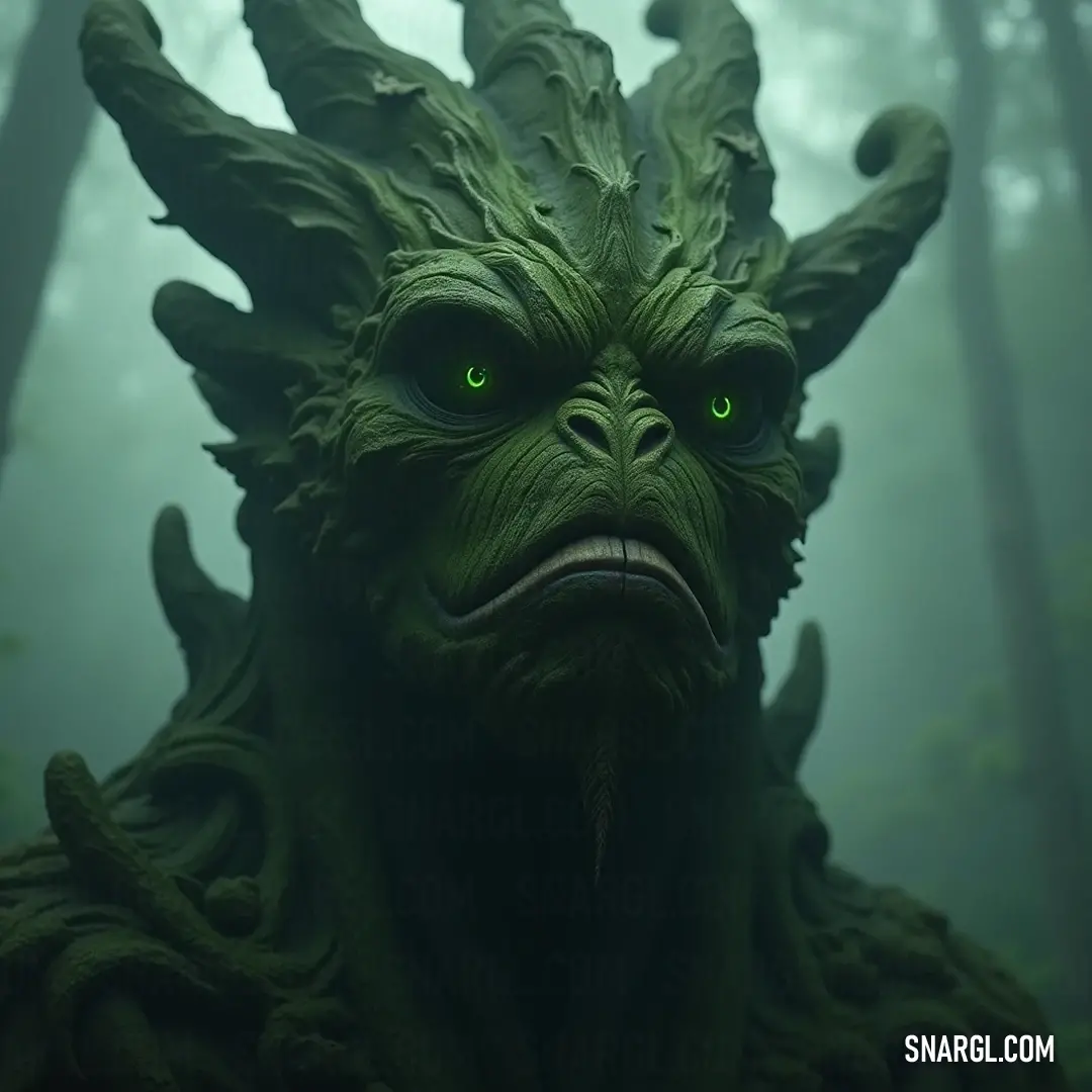 An Oakheart with vibrant green eyes surrounded by towering trees in a foggy woodland, embodying the spirit of the mysterious forest. In a mist-laden forest, an Oakheart with vibrant green eyes and a leafy crown emerges, surrounded by towering trees, embodying the mysterious spirit of the woods as fog gently weaves through the landscape.