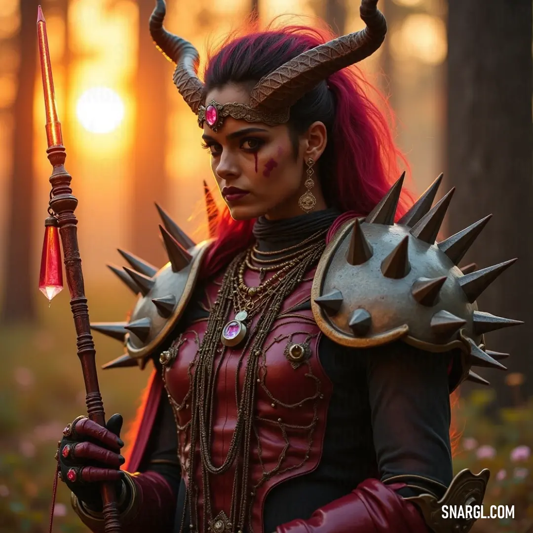 A mesmerizing encounter in the forest as Oberon, adorned in a whimsical costume with horns, commands the twilight with a stick, surrounded by nature's ethereal beauty. A mystical figure named Oberon presents an imposing silhouette with intriguing horns, dressed in elaborate attire while holding a gnarled stick. The soft glow of sunset bathes the forest in an enchanting light, enhancing the magical ambiance.