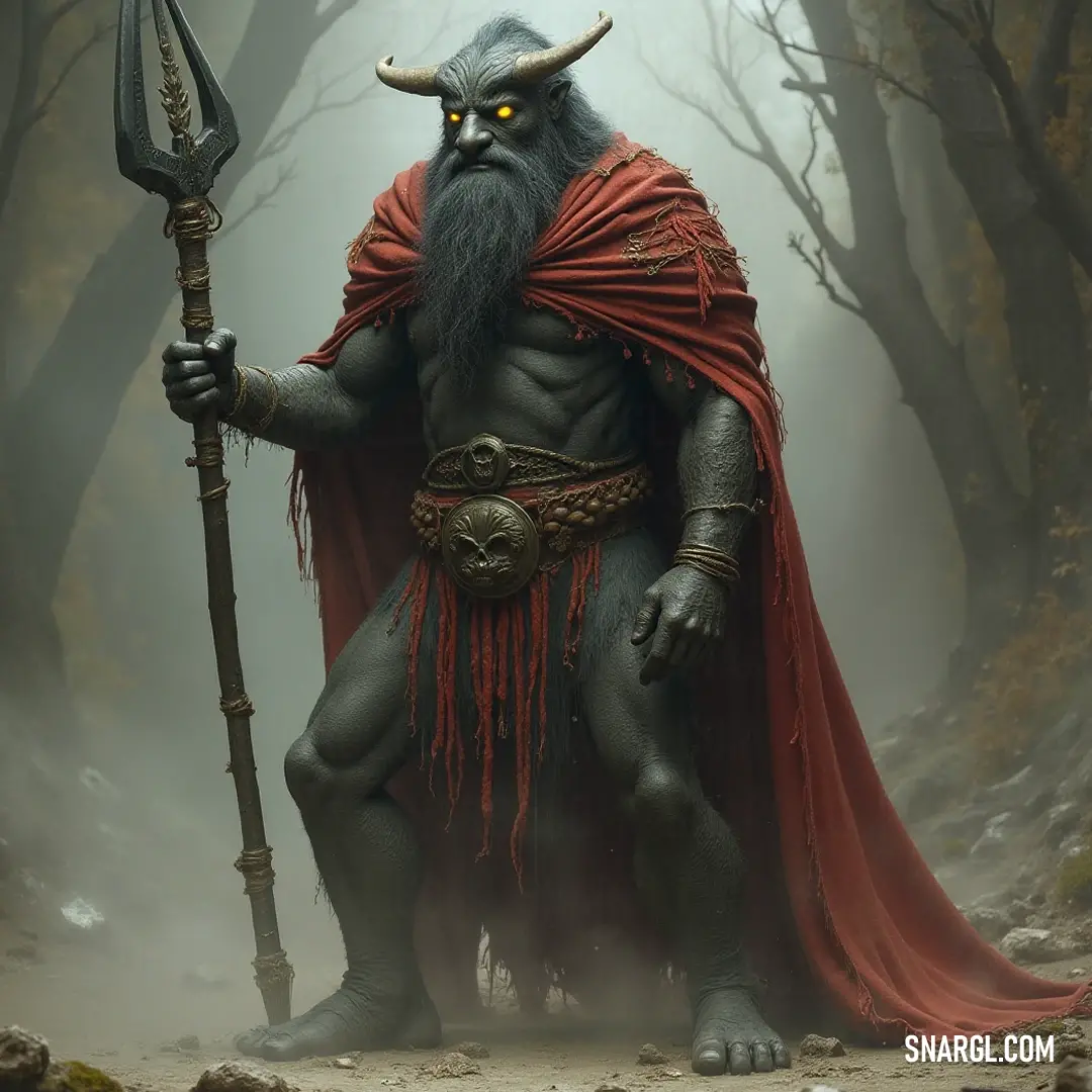 In a fog-enshrouded forest, Oberon, donned in a striking red cape and horned headdress, holds his spear with steadfast resolve, radiating power and mystique. Oberon, showcasing a fierce presence, wears a regal red cape and a horned headpiece, brandishing a spear as he stands among ethereal trees, shrouded in fog that enhances his mystical aura.