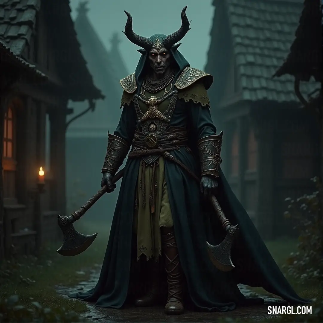 A horned figure with an imposing axe stands in a dark alley, surrounded by shadow and mystery, as the eerie light flickers around him. A mysterious figure dressed in a horned costume holds a massive axe, standing in a shadowy alley. The dark, moody atmosphere is intensified by the flickering light of a distant torch, casting eerie shadows around him.