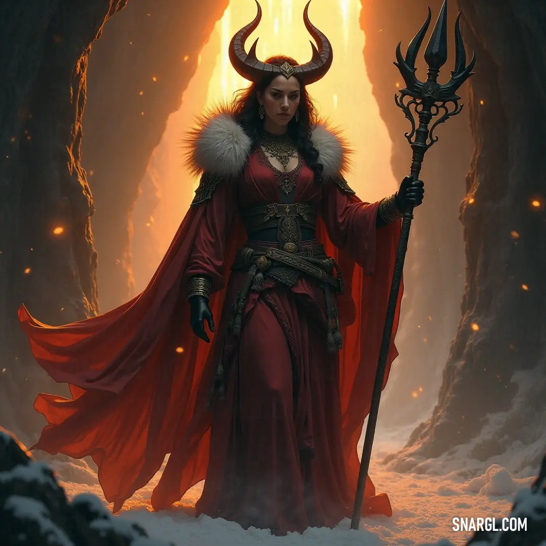 Oberon, regal in red and wielding elemental powers amidst a magical snowy cave. Oberon, dressed in a stunning red dress, wields a horned staff and flames in a magnificent cave, where ice and snow create a stark contrast against the fiery glow. His poise suggests leadership and an elemental power just waiting to be awakened.